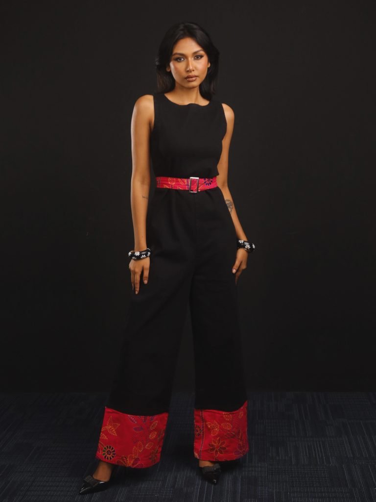 Black jumpsuit with pink details